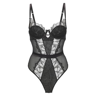 Schwarzer Body mit Blumenmuster und transparenten Einsätzen, Vorderansicht