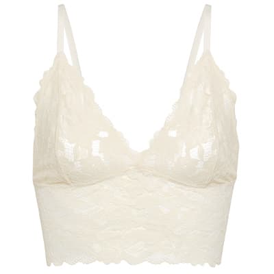 Beiger Spitzen-Bralette mit schmalen Trägern und V-Ausschnitt, Vorderansicht.