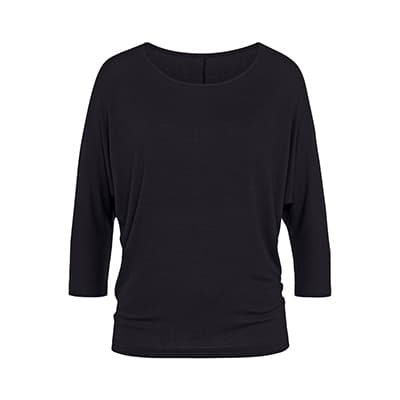 Schwarzes Damen-Shirt mit 3/4-Ärmeln und weitem Rundhalsausschnitt, frontal vor weißem Hintergrund