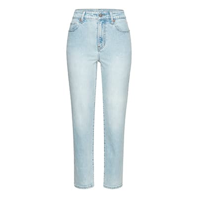 Helle Jeans mit hoher Taille und geradem Bein, frontal vor weißem Hintergrund dargestellt