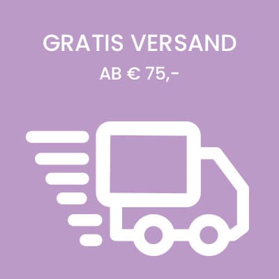 Gratis Versand ab € 75 – Symbol eines fahrenden Lieferwagens auf lila Hintergrund