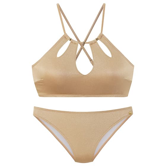 Beiger Bikini mit Cut-outs und überkreuzten Trägern, bestehend aus einem Top und einer passenden Hose