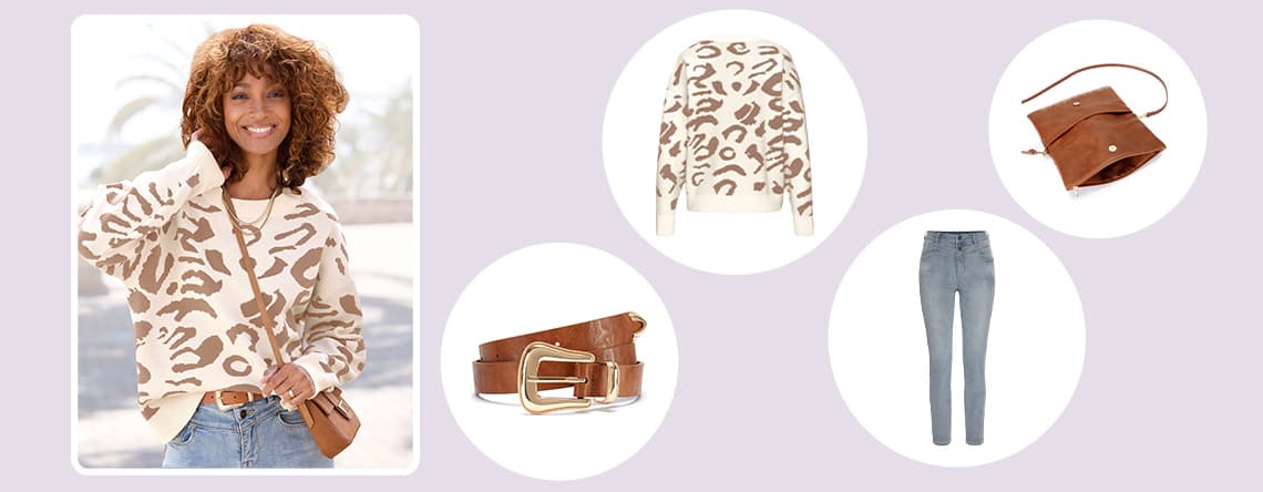 Outfit mit beigem Leopardpullover, hellblauer Jeans, braunem Gürtel und brauner Umhängetasche.