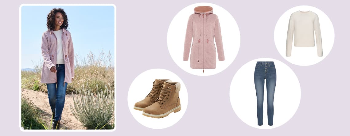 Frau in rosa Mantel, weißem Pullover und blauer Jeans steht draußen. Daneben Abbildungen von Mantel, Pullover, Jeans und braunen Stiefeln.