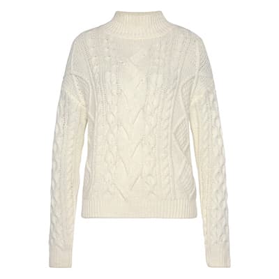 Cremefarbener Strickpullover mit Zopfmuster und langen Ärmeln
