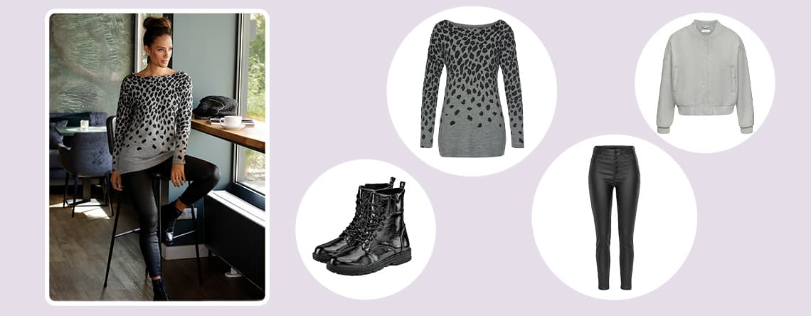 Grau-schwarzer Leopard-Pullover und schwarze Leggings – daneben schwarze Stiefel, grauer Pullover, schwarze Hose und graue Jacke