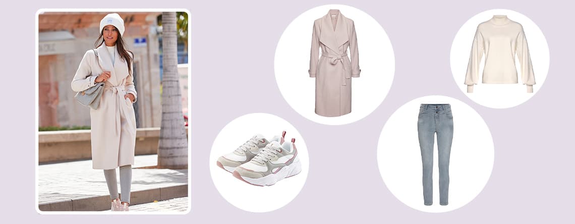 Eleganter Look – Frau in weißem Mantel und grauer Hose, daneben Mantel, Pullover, Jeans und Sneaker in neutralen Farben