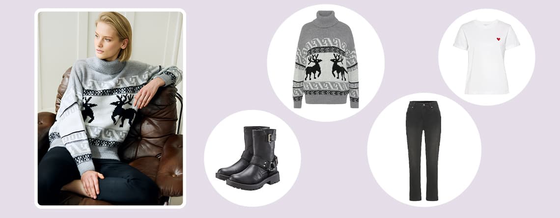Frau trägt grauen Pullover mit Rentiermuster, schwarze Hose und sitzt auf braunem Ledersessel. Daneben: Pullover, T-Shirt, Hose und Stiefel.