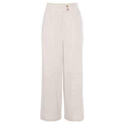 Beige weite Hose mit hoher Taille und zwei Knöpfen vorne.