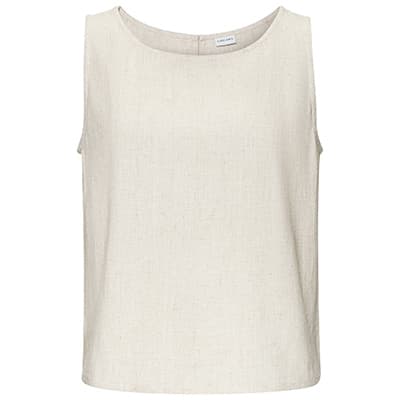 Ärmelloses, cremefarbenes Top mit Rundhalsausschnitt vor weißem Hintergrund.