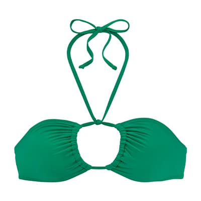 Grünes Bikini-Oberteil mit Neckholder und gerafften Cups.