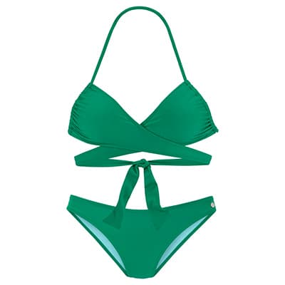 Grüner Bikini mit überkreuztem Oberteil und Schleifenband vorne, dazu passender grüner Bikiniunterteil.