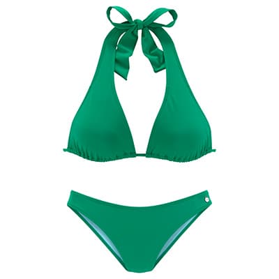 Grüner Bikini mit Neckholder-Oberteil und klassischem Höschen, auf weißem Hintergrund.