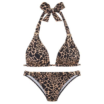 Zweiteiliger Bikini mit Giraffenmuster, Oberteil mit Schleifenverschluss im Nacken, Höschen mit elastischem Bund