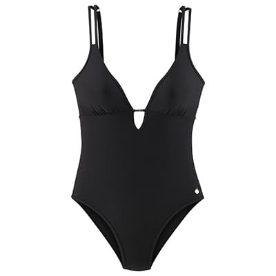 Schwarzer Badeanzug mit V-Ausschnitt und Cut-Out-Detail vorne, Doppelträgern, goldener Akzent am Bund.