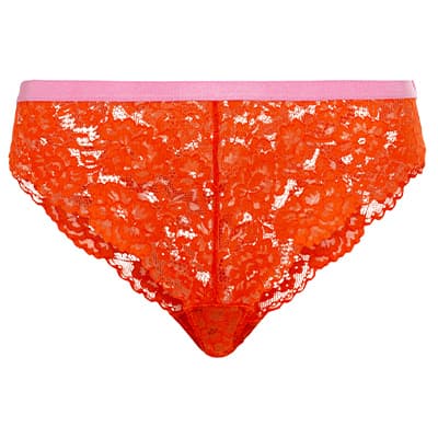 Rote Spitzenunterhose mit rosa Bund, Vorderansicht