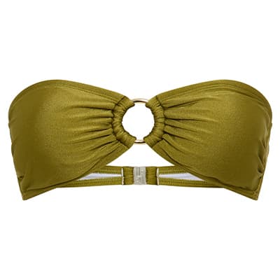 Olivegrünes Bandeau-Bikinioberteil mit kreisförmigem Ausschnitt und Raffung