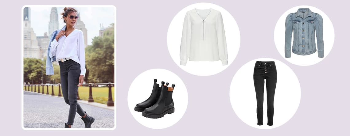 Frau spaziert in der Stadt, trägt weiße Bluse, schwarze Skinny-Jeans, schwarze Stiefeletten und hellblaue Jeansjacke