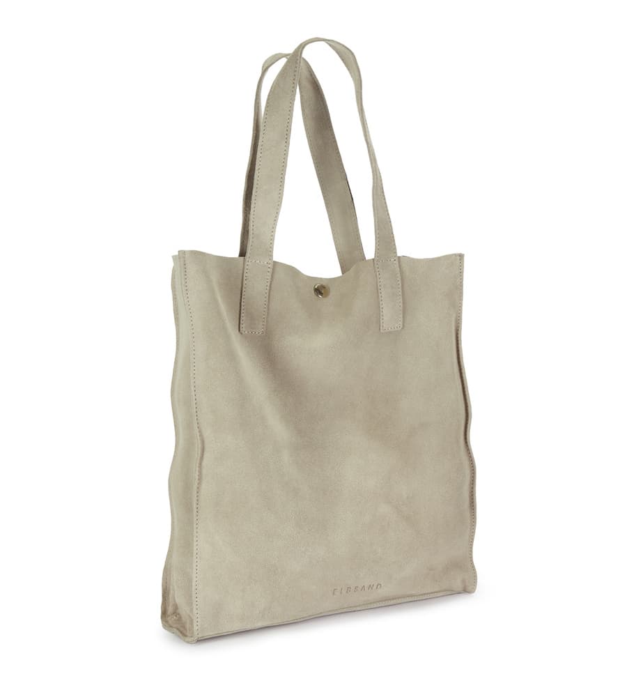 Beige Shopper-Tasche mit zwei Henkeln und Druckknopf, frontal leicht seitlich vor weißem Hintergrund