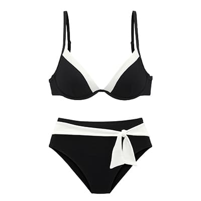 Schwarzes Bikini-Set mit weißen Einsätzen, hoher Slip mit breitem weißen Bund und seitlich geknotetem Band