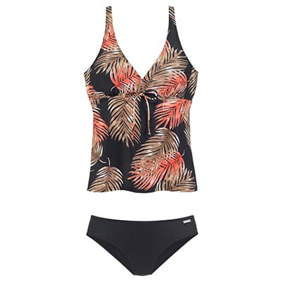 Tankini mit schwarzem Slip und schwarzem Top mit roten und beigen Blättermotiven