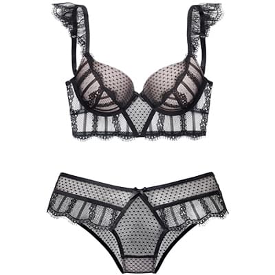 Schwarzes transparentes BH- und Slip-Set mit Punktmuster und feinen Rüschen-Details